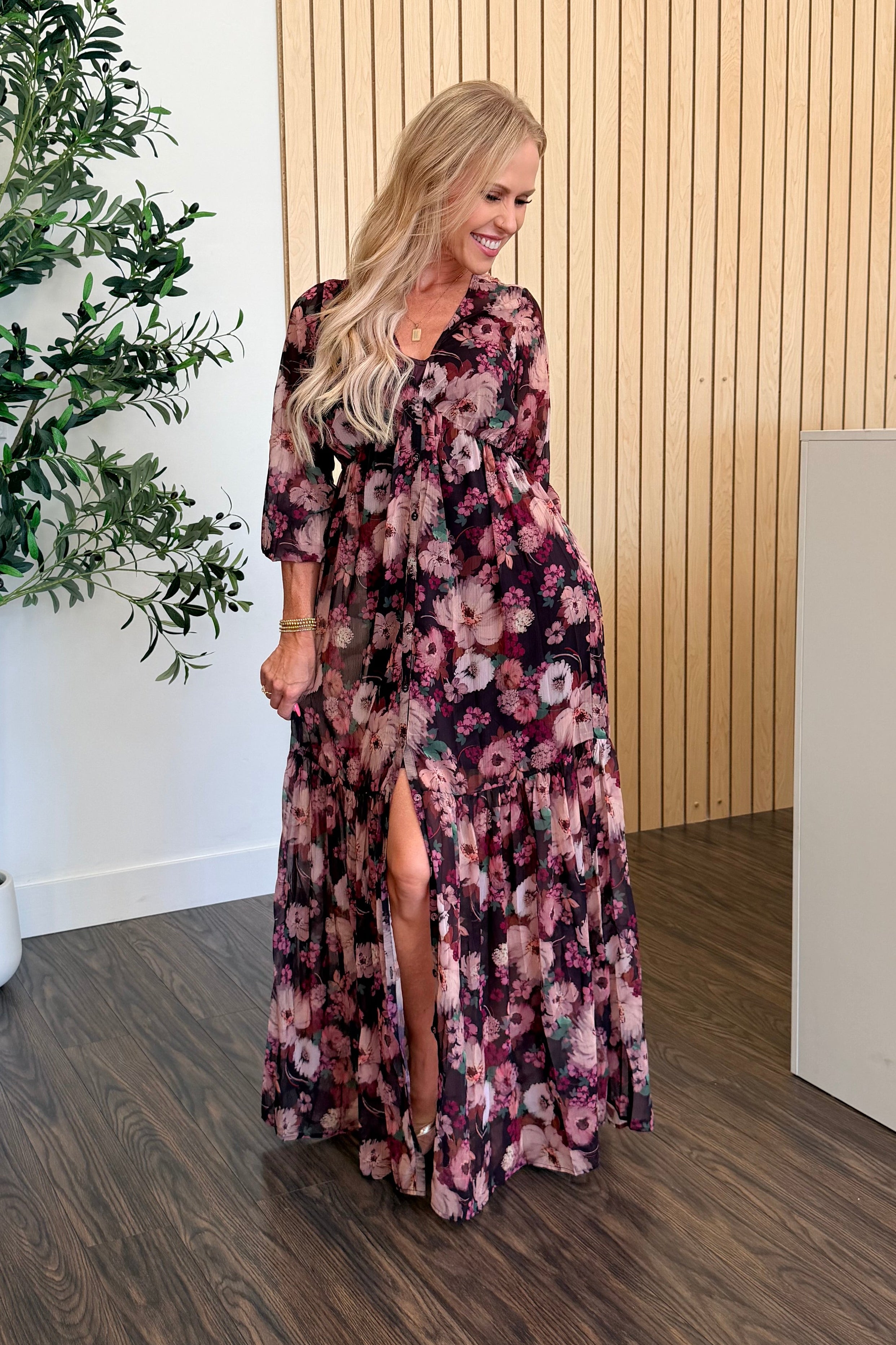 Burgundy Floral Button-Down Maxi Dress