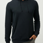 Man wearing a black hoodie on a light gray background