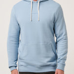 Man wearing a light blue hoodie against a plain background