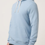 Man wearing a light blue hoodie on a plain background