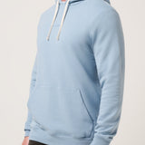 Man wearing a light blue hoodie on a plain background