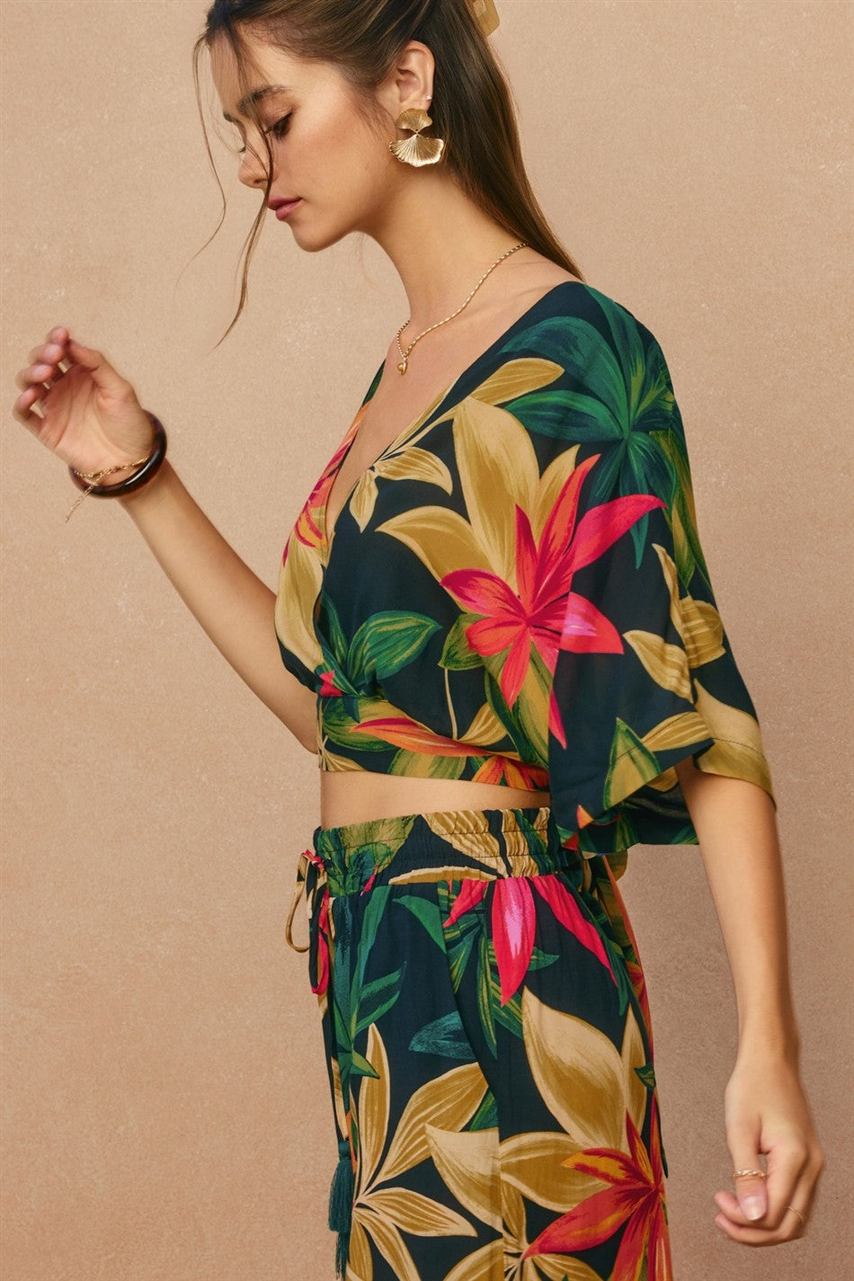 Rowan Printed Surplice Top in Midnight Paradise, styled with the matching pants