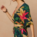 Rowan Printed Surplice Top in Midnight Paradise, styled with the matching pants