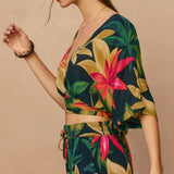 Rowan Printed Surplice Top in Midnight Paradise, styled with the matching pants
