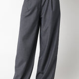 Gray wide-leg pants worn by a person on a white background