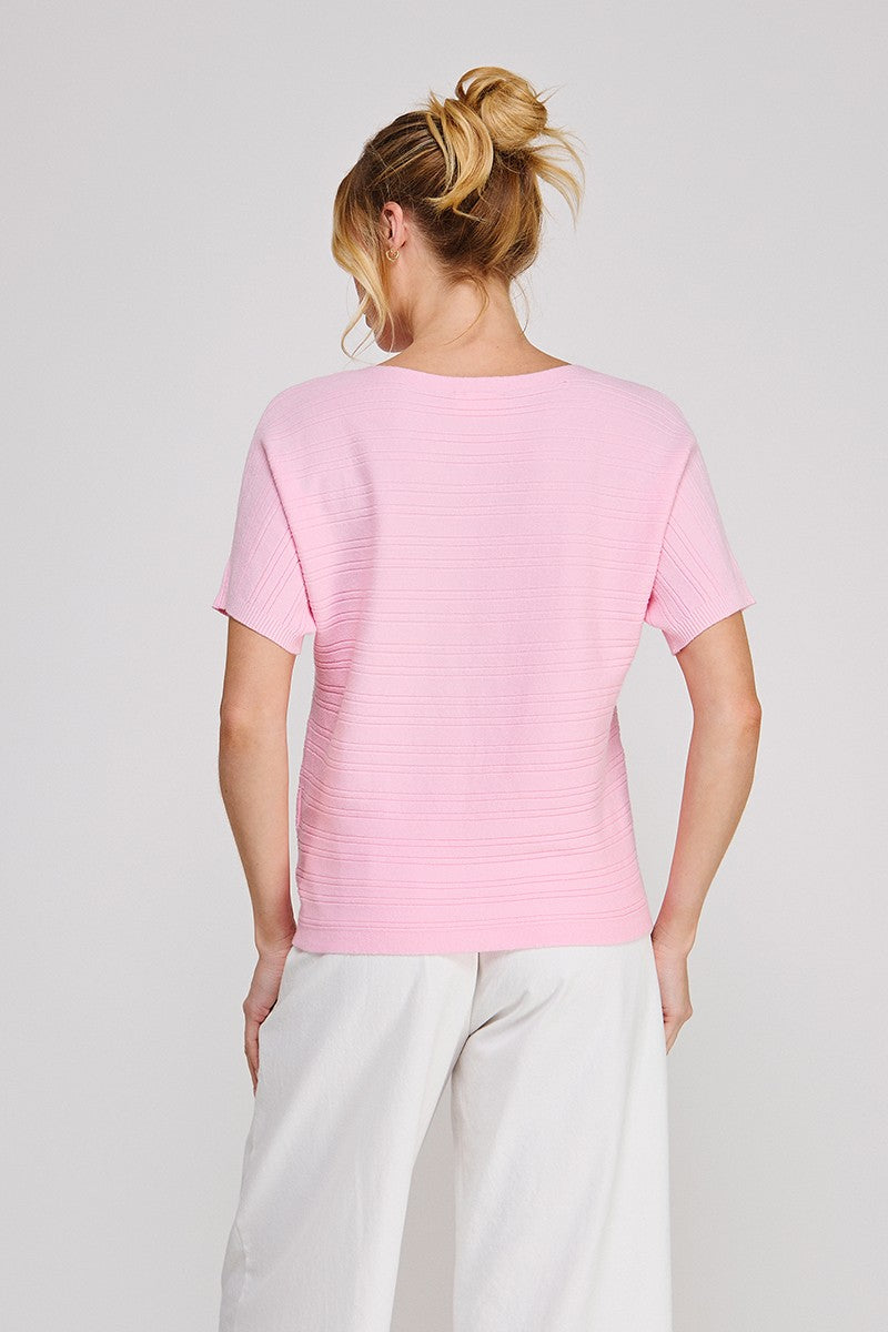 Nina Variegated Rib Short-Sleeve Top pink knit detail
