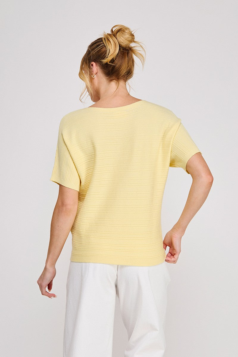 Nina Variegated Rib Short-Sleeve Top yellow knit detail