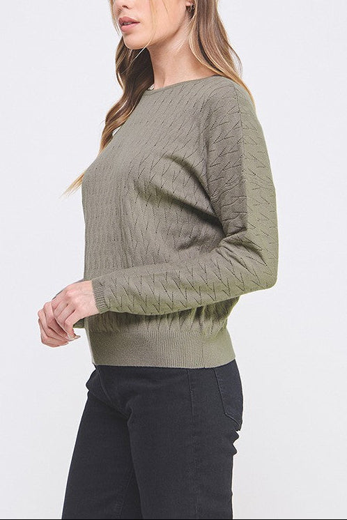 Woman wearing a green sweater on a white background