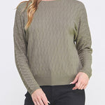 Woman wearing a green sweater on a white background