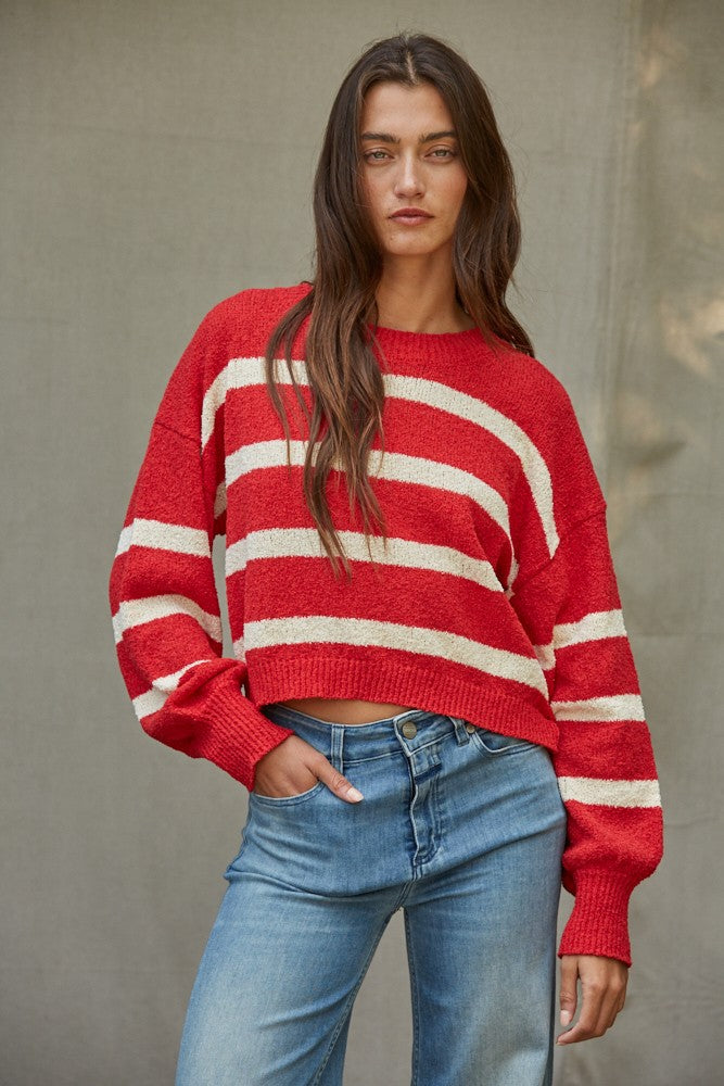 Willow Striped Drop Shoulder Sweater in Red Cream, front