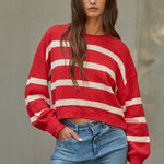 Willow Striped Drop Shoulder Sweater in Red Cream, front