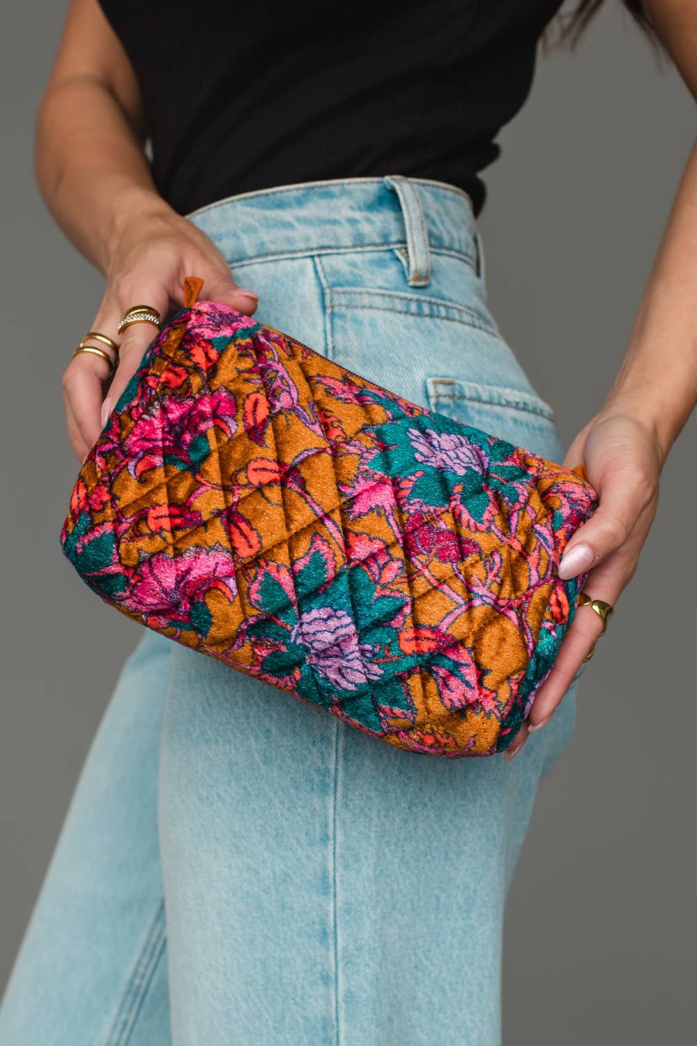 Wildflower Woven Travel Pouch in burnt orange floral, detail