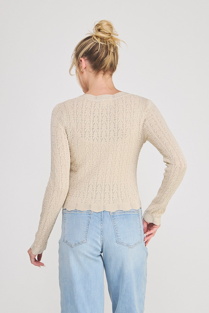 Colette Scalloped Pointelle Cardigan cafe creme scallop detail