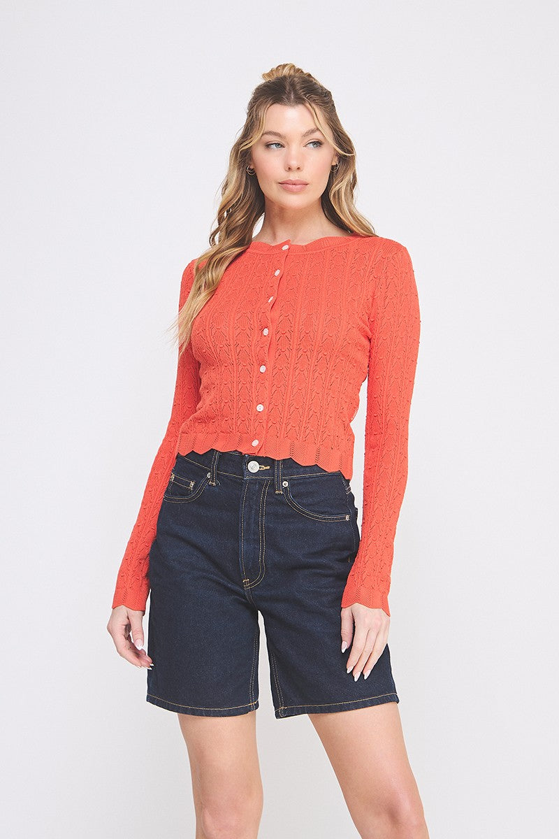 Colette Scalloped Pointelle Cardigan poppy front