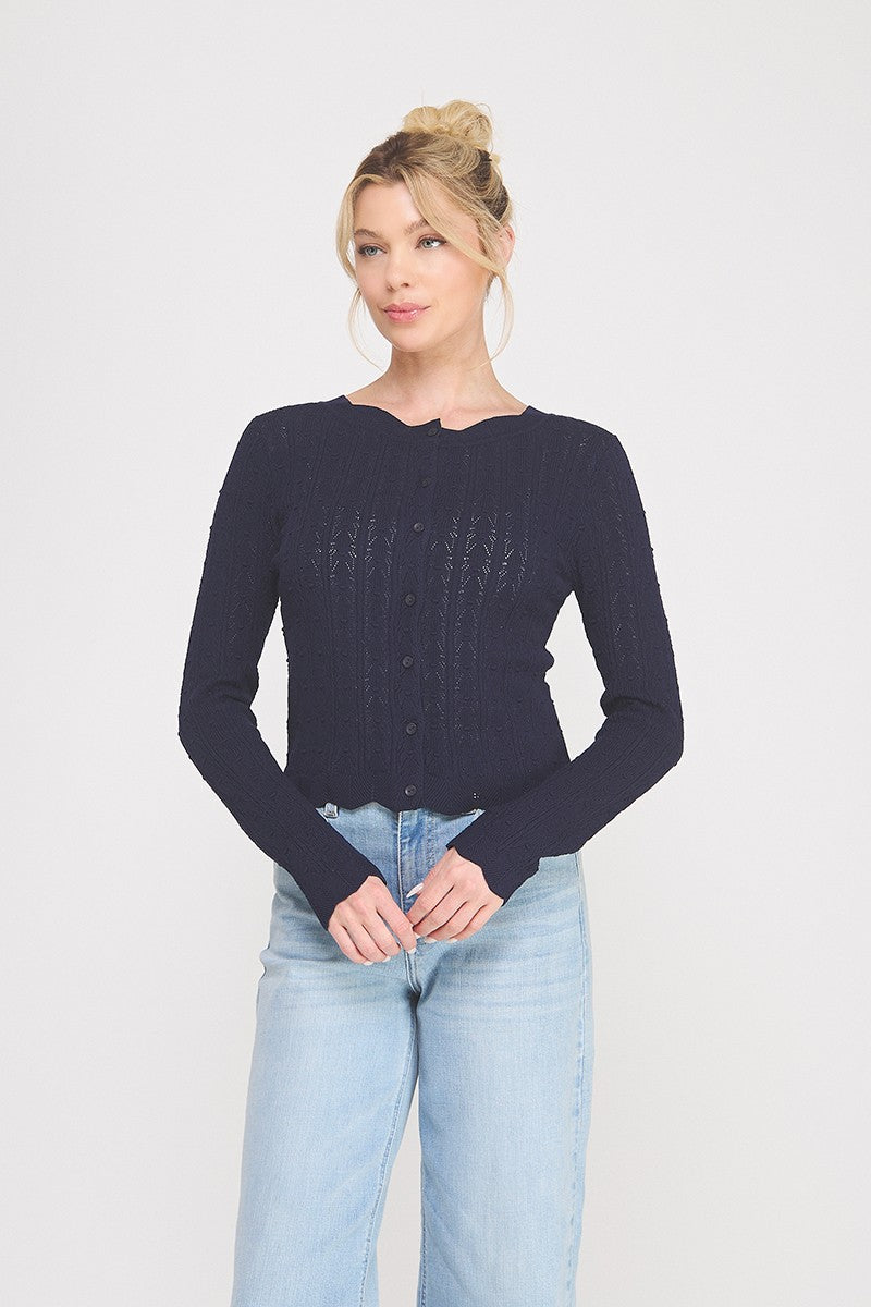 Colette Scalloped Pointelle Cardigan navy front