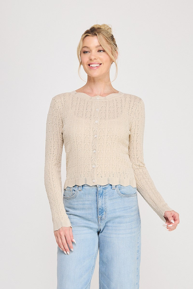 Colette Scalloped Pointelle Cardigan cafe creme front