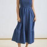 Dark Denim Ruffle Strap Midi Dress