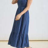 Dark Denim Ruffle Strap Midi Dress
