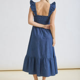 Dark Denim Ruffle Strap Midi Dress