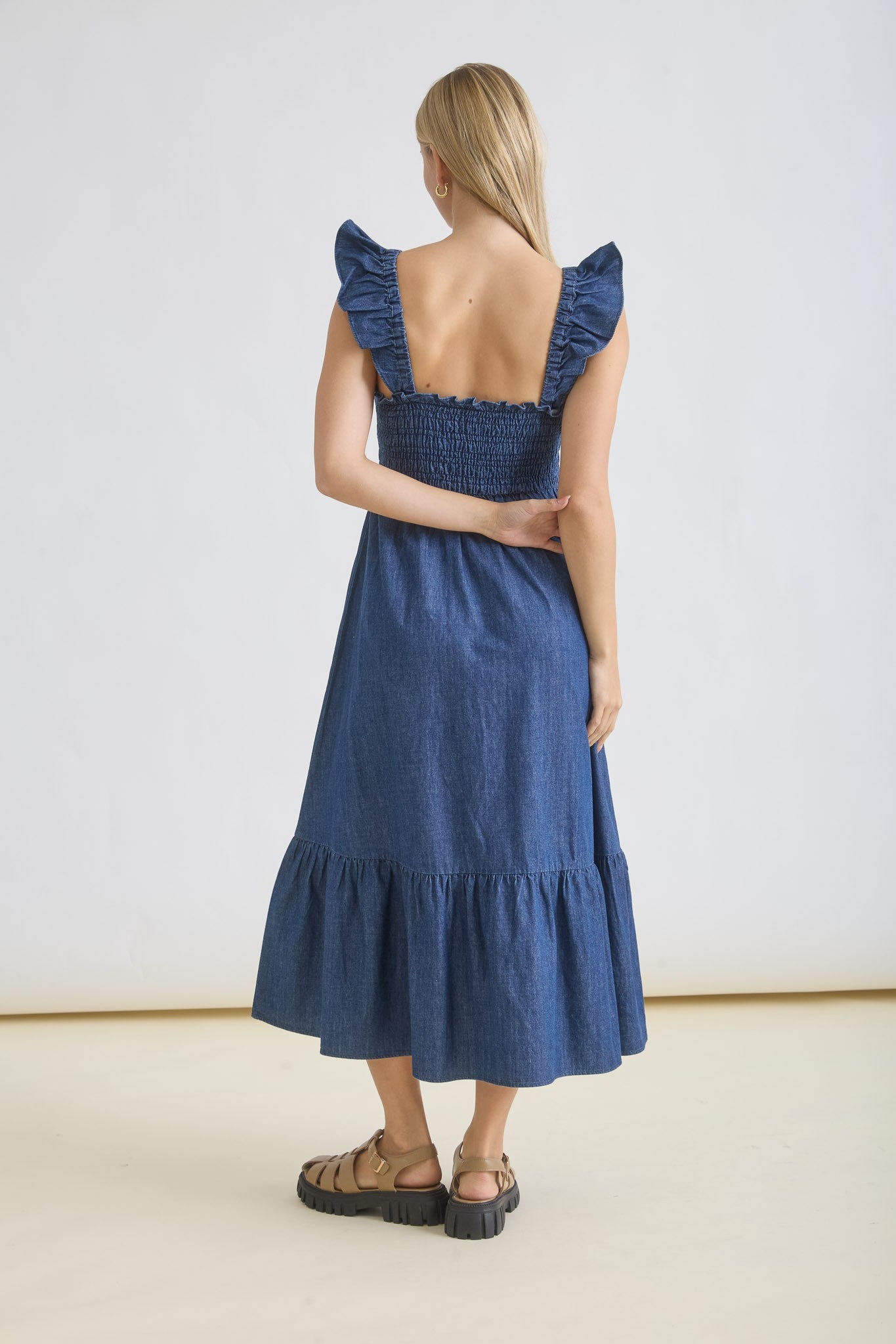 Dark Denim Ruffle Strap Midi Dress