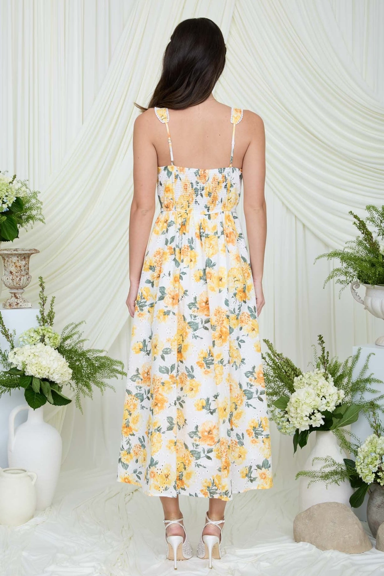 Eyelet Pattern Scallop Lace Trim Midi Dress