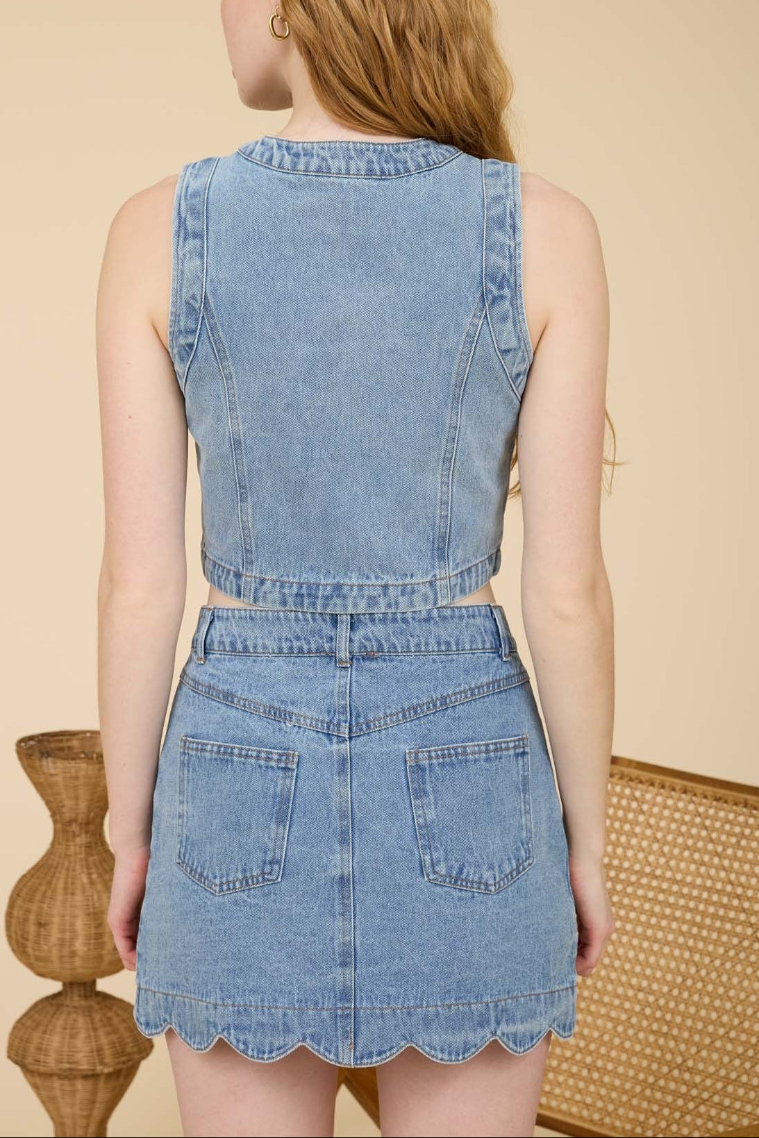 Scalloped Sleeveless Washed Denim Top