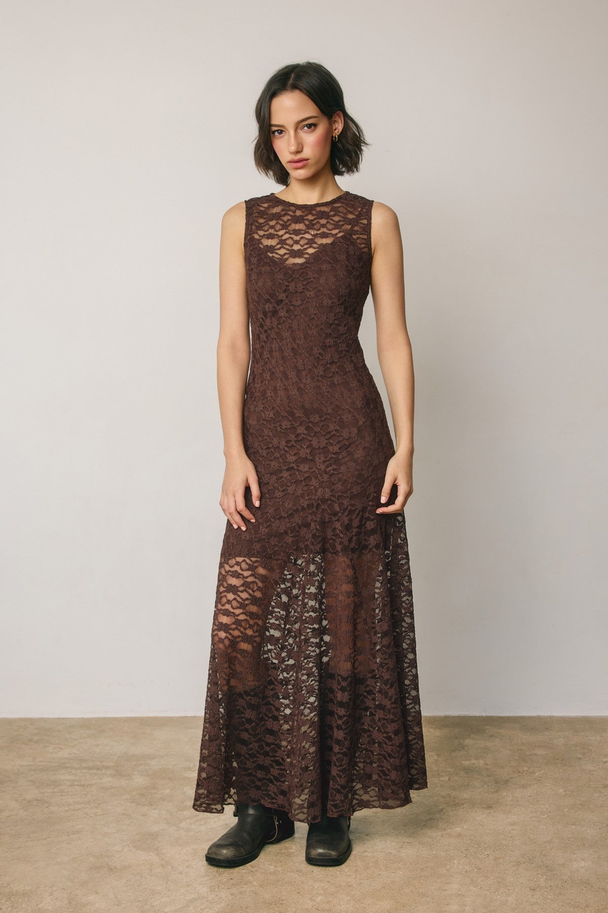 Laurel Lace Maxi Dress in Brown, lace detail