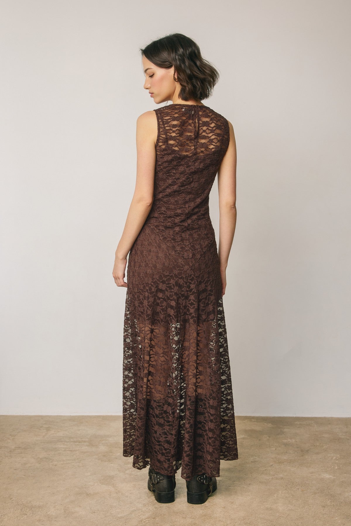 Laurel Lace Maxi Dress in Brown, back