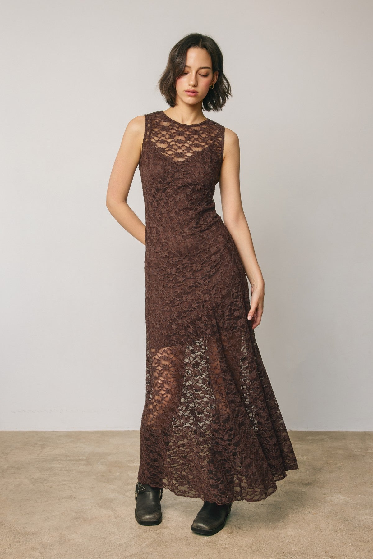 Laurel Lace Maxi Dress in Brown, front