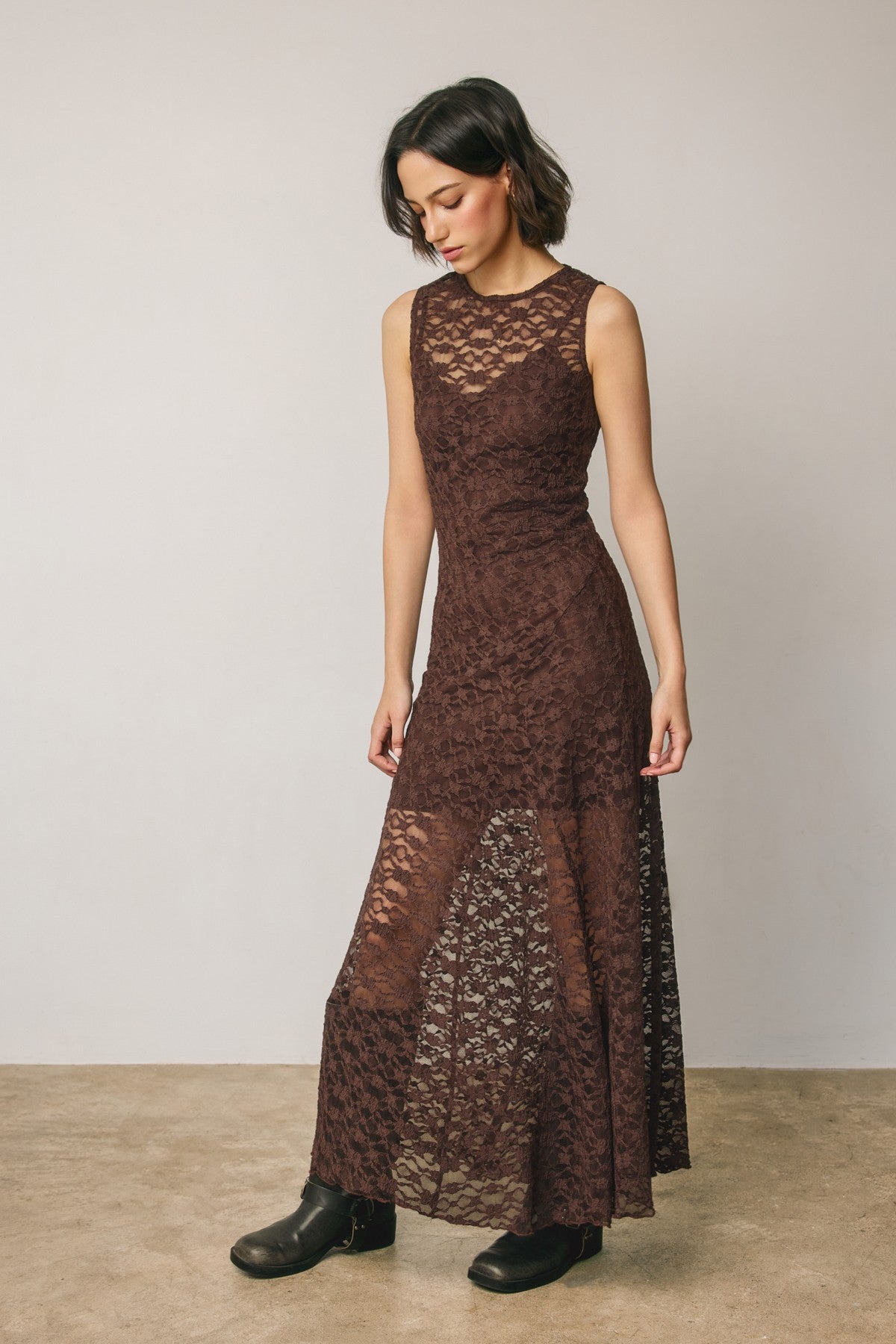 Laurel Lace Maxi Dress in Brown, side