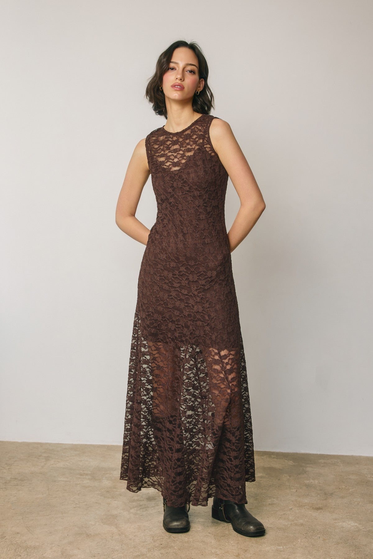 Laurel Lace Maxi Dress in Brown, full length
