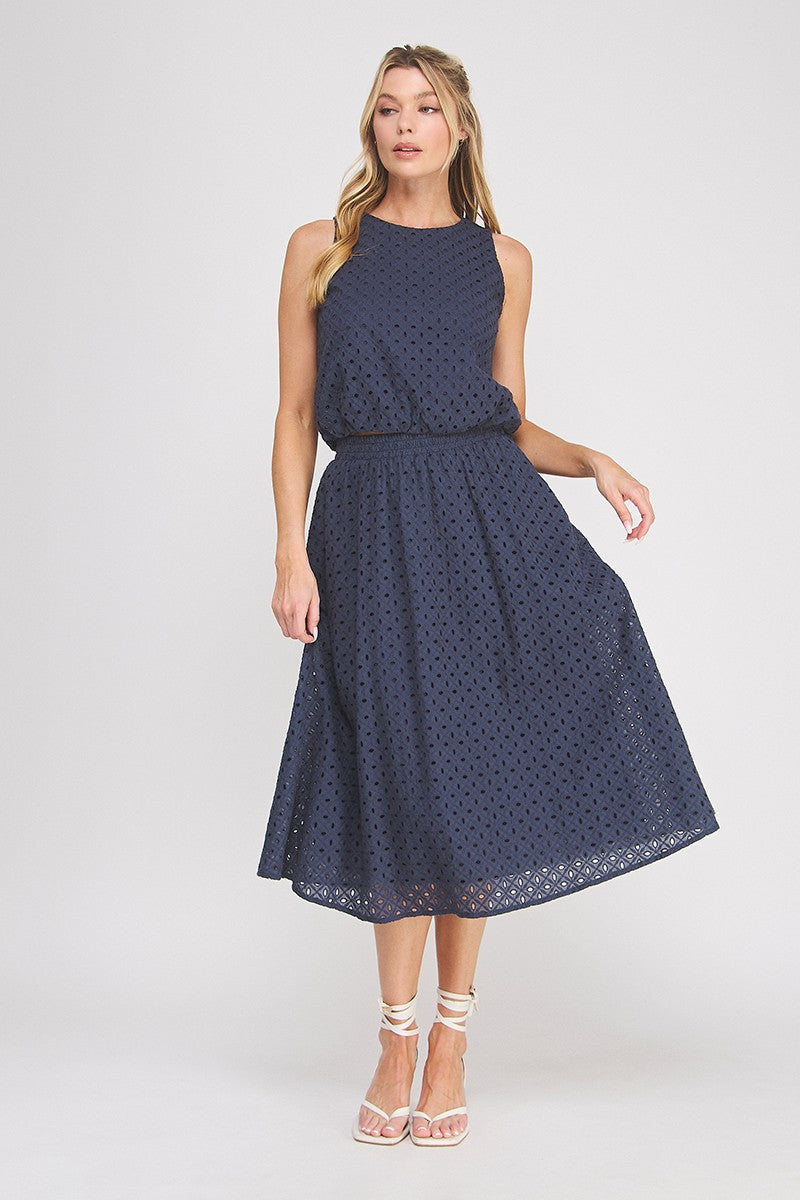 Delaney Eyelet Bubble-Hem Sleeveless Top navy back