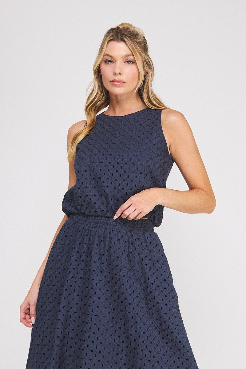 Delaney Eyelet Bubble-Hem Sleeveless Top navy front