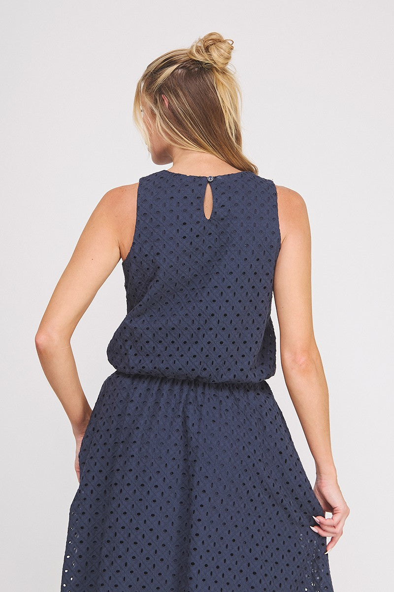 Delaney Eyelet Bubble-Hem Sleeveless Top navy eyelet detail
