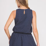 Delaney Eyelet Bubble-Hem Sleeveless Top navy eyelet detail
