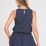 Delaney Eyelet Bubble-Hem Sleeveless Top navy eyelet detail