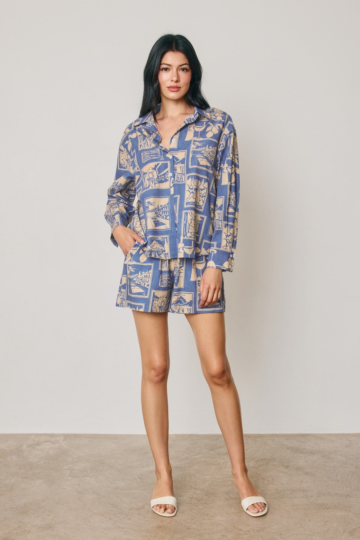Cedar Printed Oversized Shirt in Nautical Blue, print detail