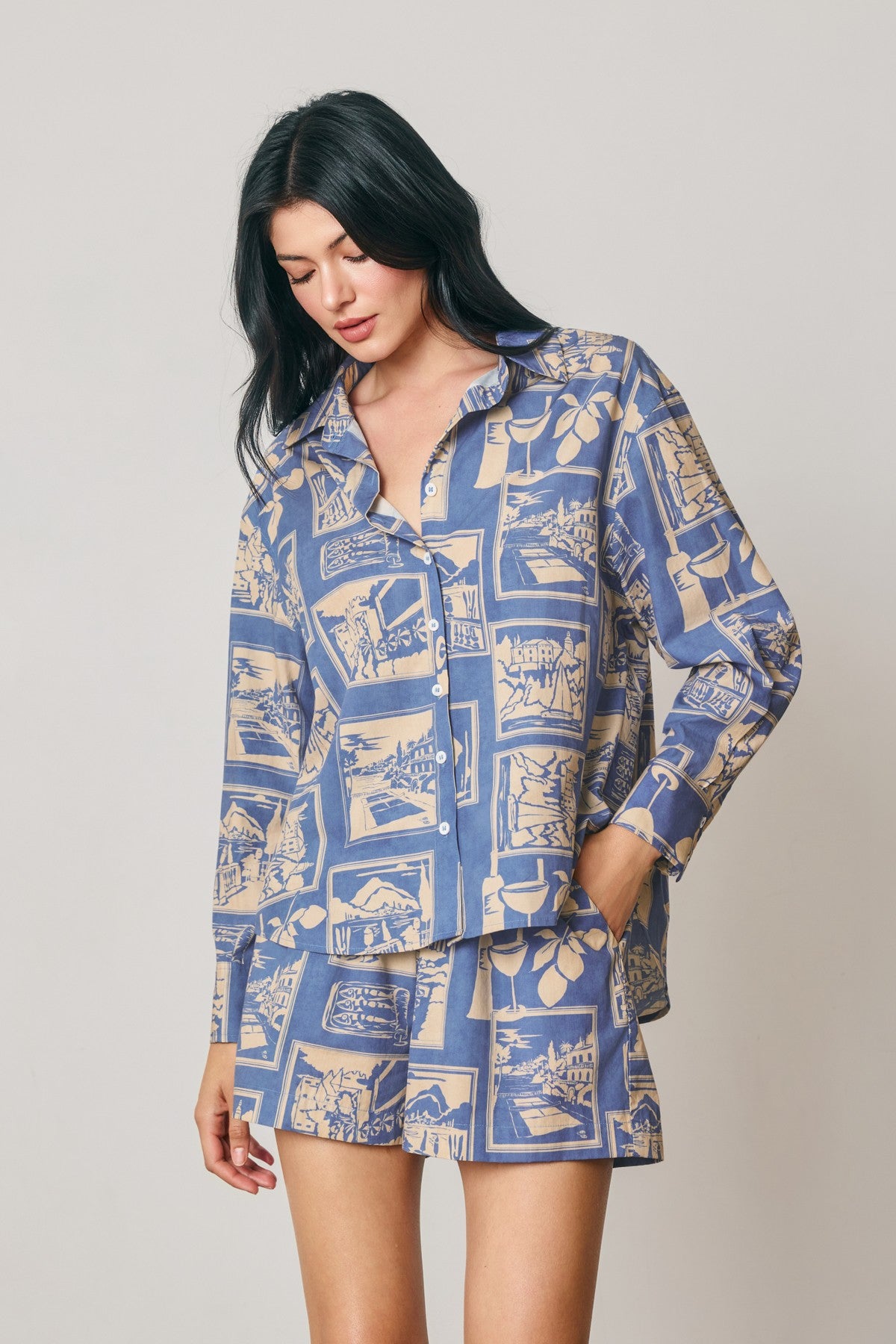 Cedar Printed Oversized Shirt in Nautical Blue, front