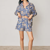 Cedar Printed Oversized Shirt in Nautical Blue, styled with the matching shorts