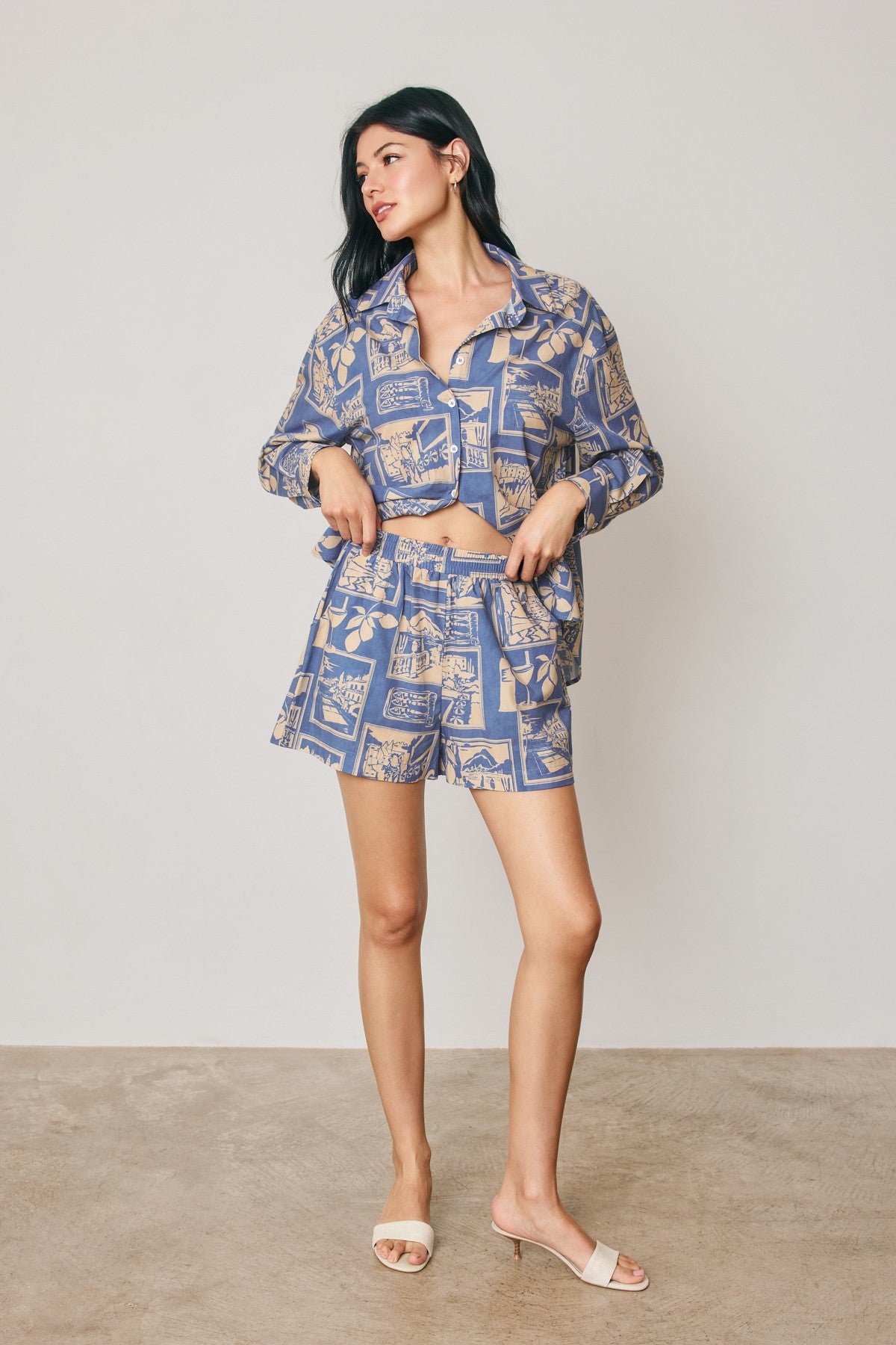 Cedar Printed Oversized Shirt in Nautical Blue, styled with the matching shorts