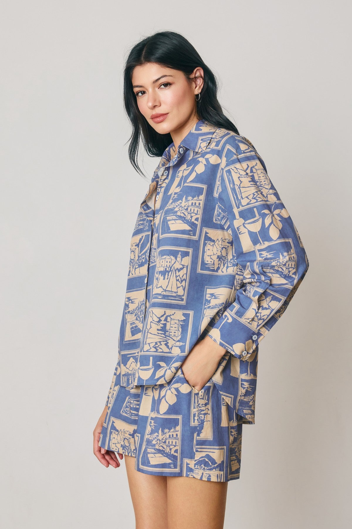 Cedar Printed Oversized Shirt in Nautical Blue, side