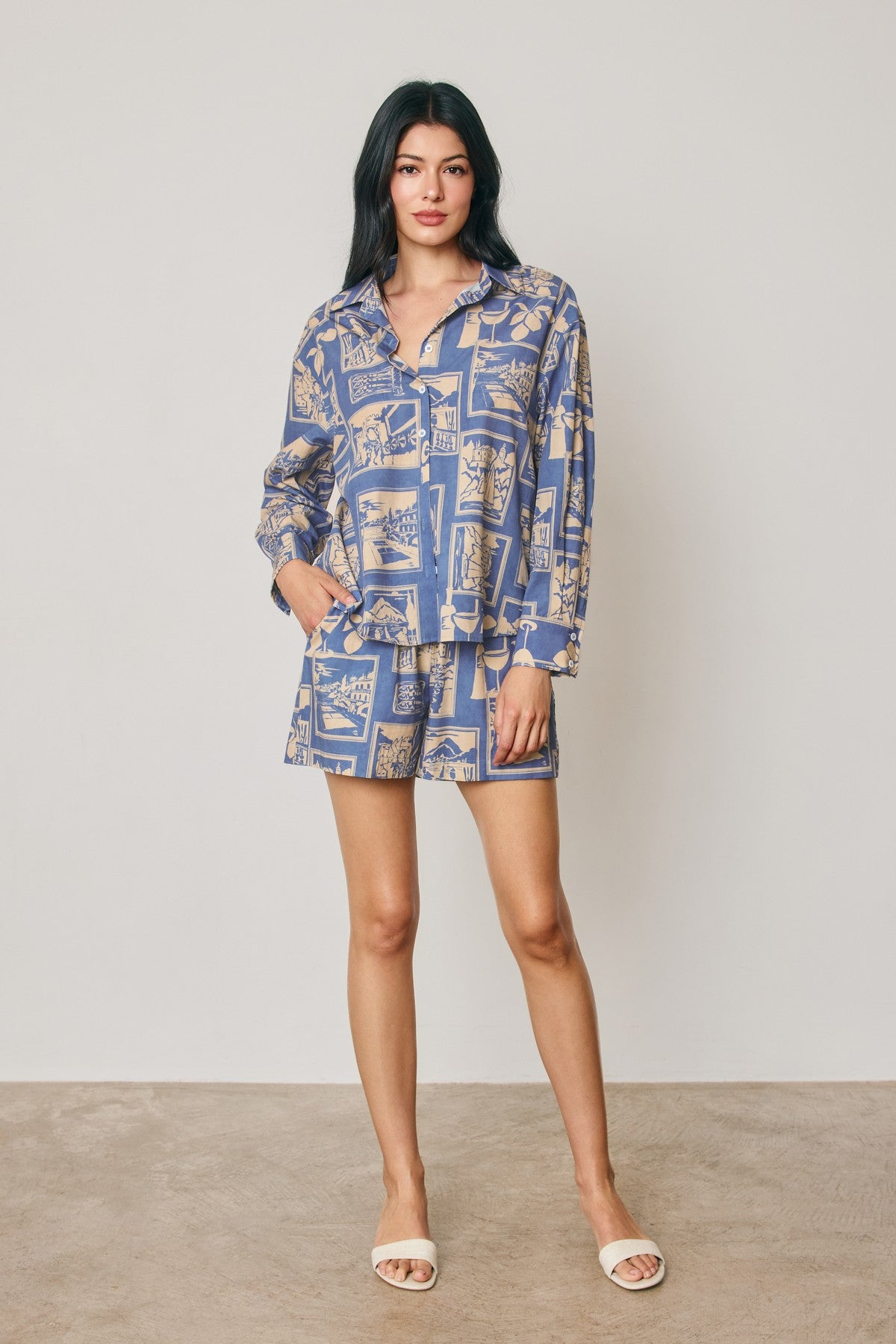 Cedar Printed Pull On Shorts in Nautical Blue, styled with the matching shirt