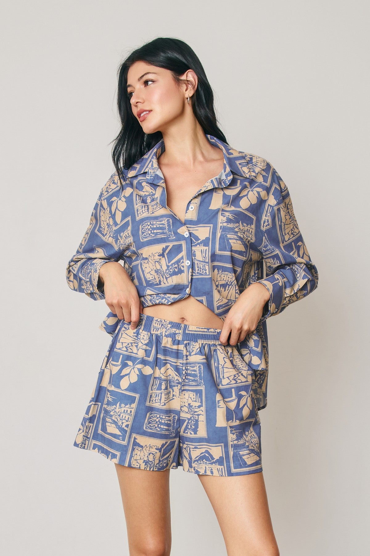 Cedar Printed Pull On Shorts in Nautical Blue, side