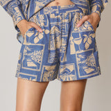 Cedar Printed Pull On Shorts in Nautical Blue, front
