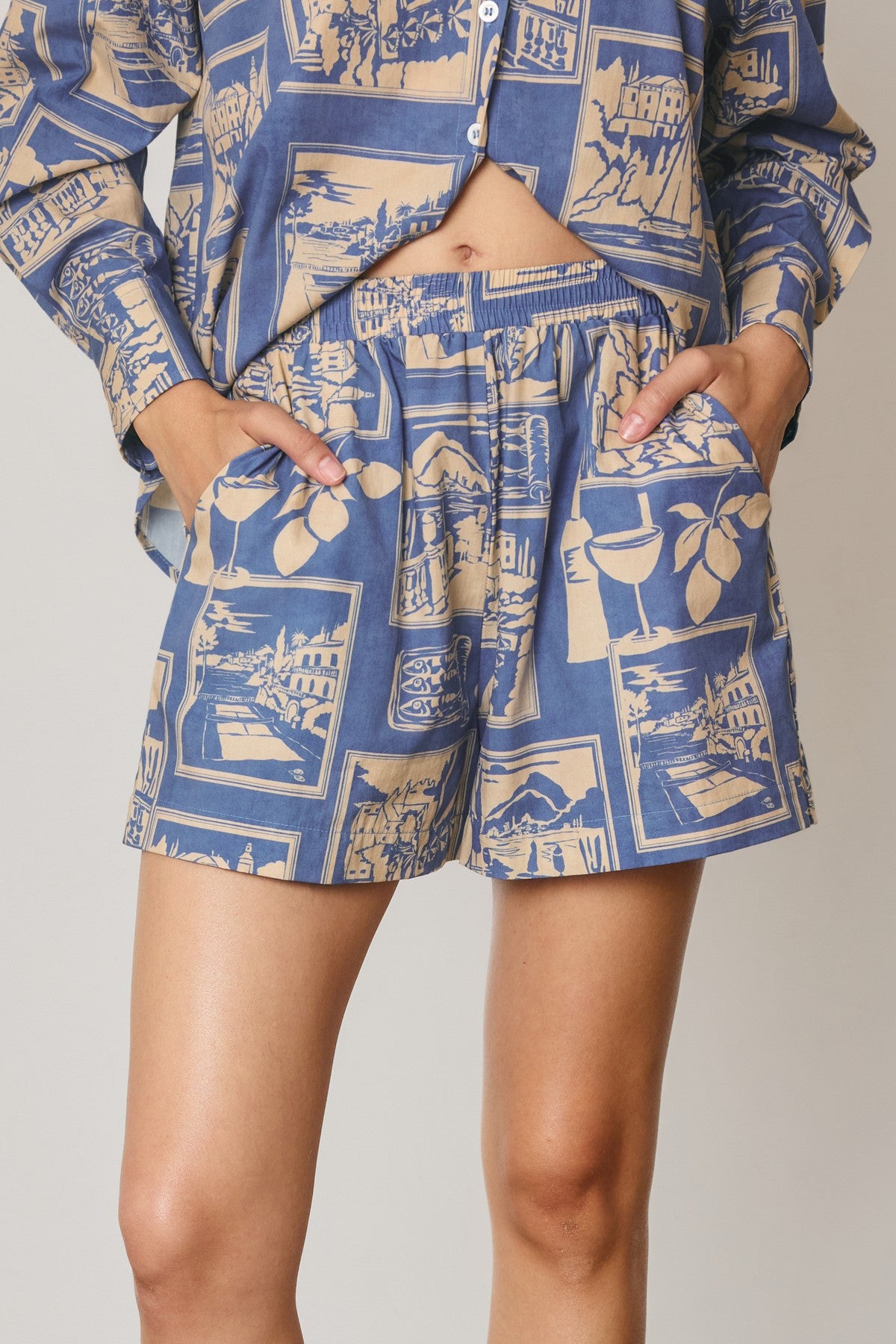 Cedar Printed Pull On Shorts in Nautical Blue, front
