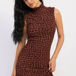 Mock neck and bodice detail on espresso check print maxi dress