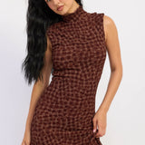 Mock neck and bodice detail on espresso check print maxi dress