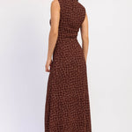 Back view of espresso check print sleeveless maxi dress