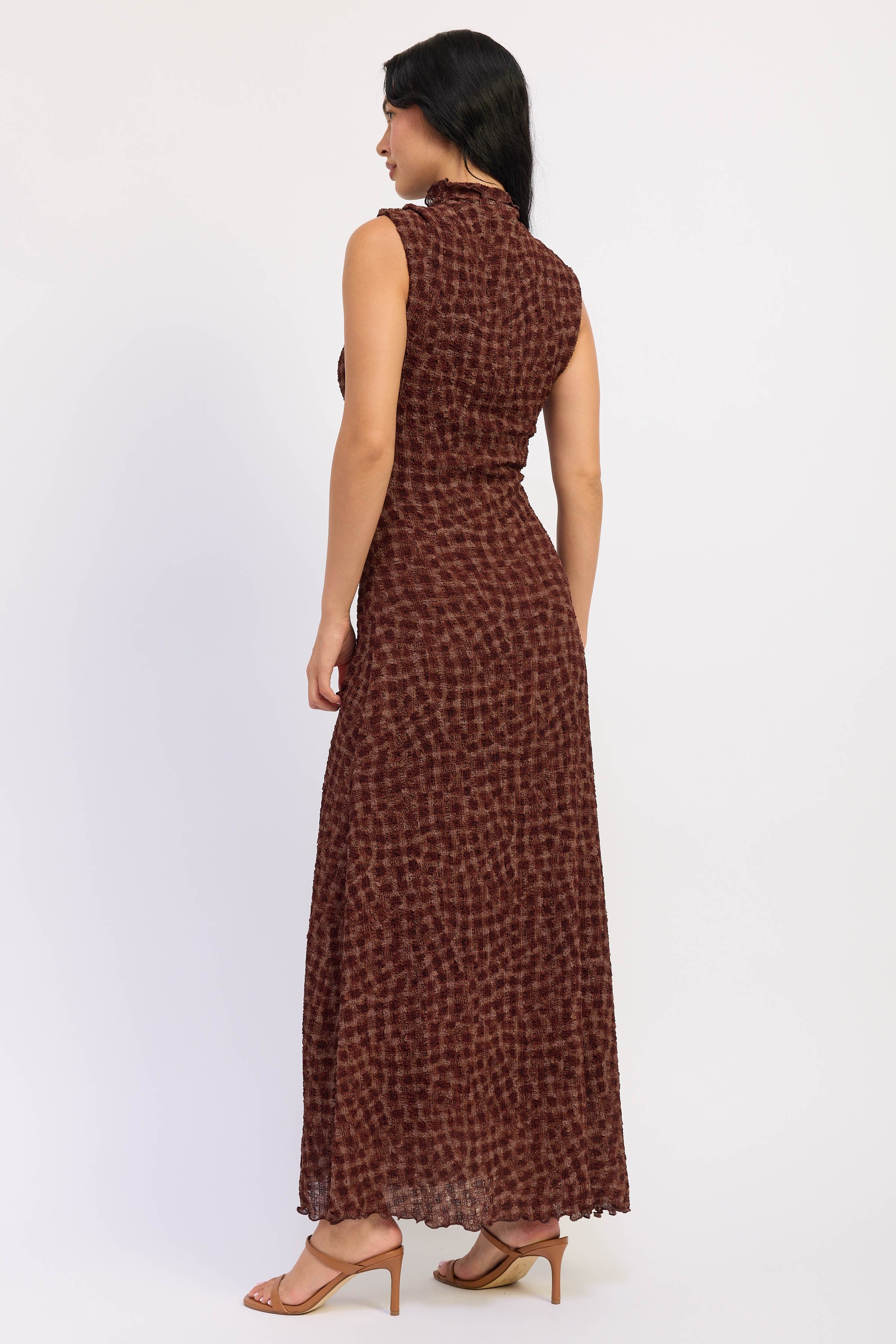 Back view of espresso check print sleeveless maxi dress