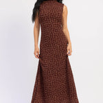 Espresso check print sleeveless mock neck maxi dress, front view